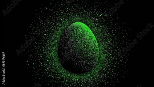 Black background with a speckled green egg-shaped object at the center, radiating green dust