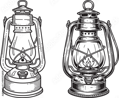 Vintage Kerosene Lanterns, One Lit Flame, Detailed Outline Drawing, Perfect for Rustic or Camping Themes