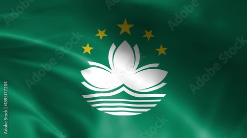Flag of Macau waving in the wind featuring a lotus flower and stars symbolizing national identity and patriotism for travel and design