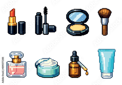 Pixel art makeup icons collection featuring lipstick, mascara, powder, brush, perfume, cream, serum, and tube
