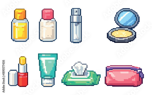Pixel art cosmetic set with skincare and makeup essentials