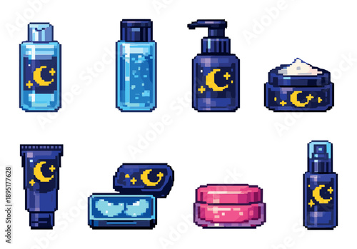 Pixel art nighttime skincare set with cosmic designs
