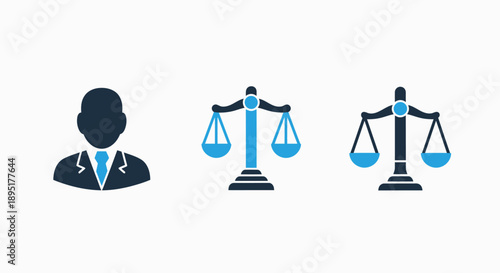 Legal and Justice Icons: Lawyer, Scales of Justice, and Balanced Scales