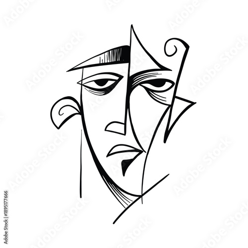 Minimalist abstract cubist face drawn with bold black lines, modern artistic portrait ideal for contemporary design, posters, branding, and editorial use