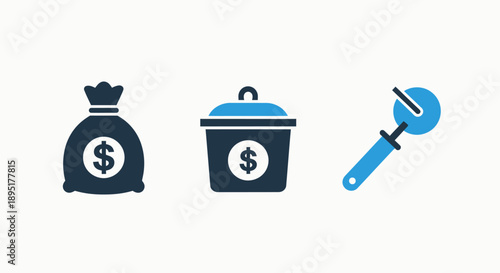 Finance and Investment Icons: Money Bag, Trash Can, and Calculator