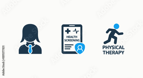 Healthcare Icons: Professional, Health Screening Mobile App, and Physical Therapy Symbols