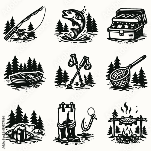 Vintage Fishing and Outdoor Adventure Vector Icon Set