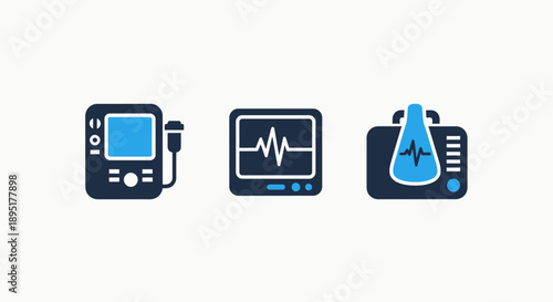 Medical Equipment Icons: Ultrasound Device, ECG Monitor, and Laboratory Testing Machine Illustrations