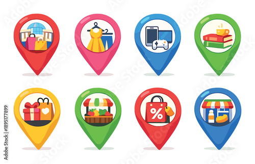 Colorful shopping icons on gradient background: commerce and retail concepts