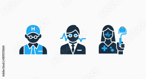 Medical Professionals and Technology Icons: Doctor, Nurse with Device, and Healthcare Provider