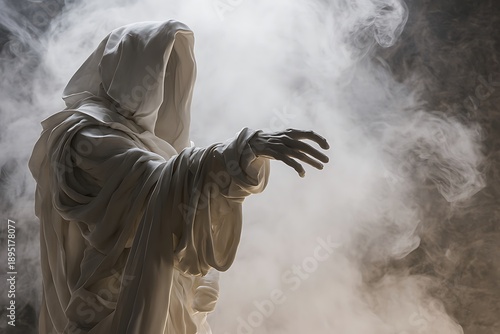 Mysterious Hooded Figure in White Robes Reaching Through Thick Fog and Smoke Dark Fantasy Cinematic Character Art for Halloween and Gothic Horror Design