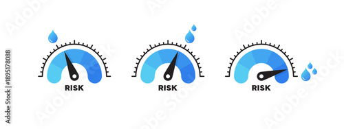 Water flood risk meter scale with arrow and blue liquid level indicators