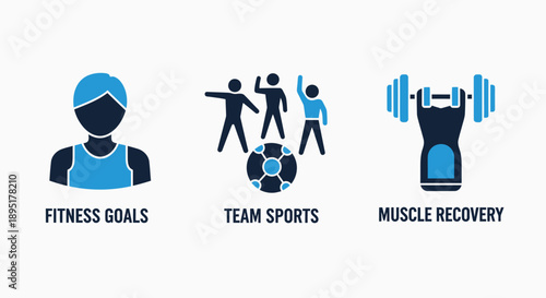 Set of icons representing fitness goals, team sports, and muscle recovery, highlighting active lifestyle, athletic achievement, and physical health.