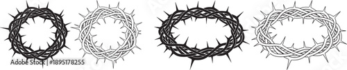 Collection of thorny crown of thorns illustrations, black and white, isolated on white.