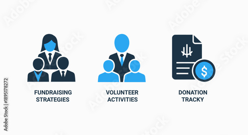 Icons representing fundraising strategies, volunteer activities, and donation tracking, signifying non-profit operations and community support.