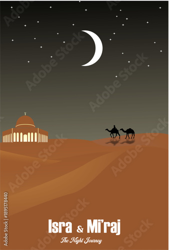 Vector isra' mi'raj Islamic background. Prophet Muhammad SAW's extraordinary journey in one night.
