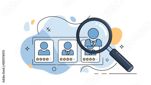 Magnifying glass hovers over a row of digital profile cards featuring human icons and star ratings for talent recruitment.