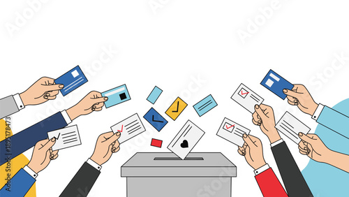 Many hands hold up voting ballots and drop them into a grey ballot box while participating in a democratic national election.