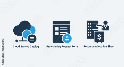 Icons for Cloud Service Catalog, Provisioning Request Form, and Resource Allocation Sheet
