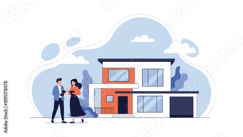 Young couple stands in front of a contemporary white house while holding tablets to discuss real estate plans or purchases.