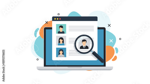 Magnifying glass focuses on a specific businessman profile on a laptop screen displaying a list of various job candidates.