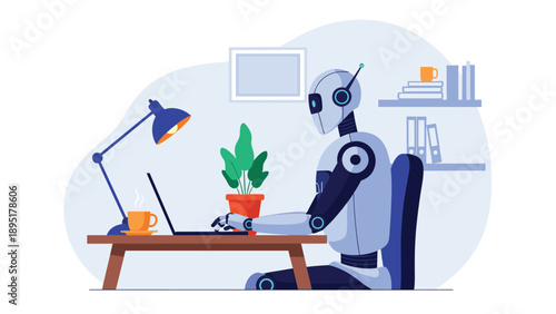 Advanced robot sits at a wooden desk in a modern office using a laptop with a lamp and coffee cup nearby for productivity.