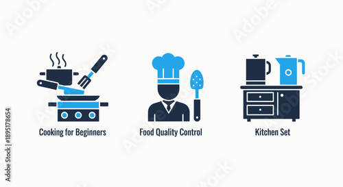 Icons for cooking, food quality control, and kitchen sets