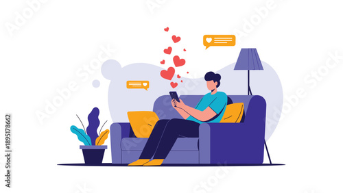 Person lies back on a purple sofa while using a smartphone as red heart icons float above to signify social media engagement.
