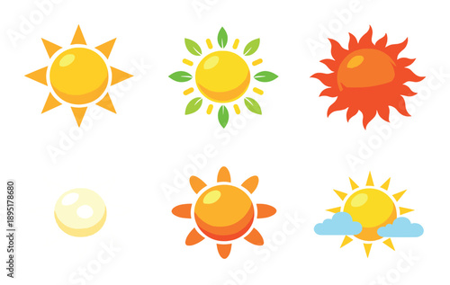 Colorful collection of six stylized sun icons with unique designs