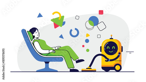 Person relaxes on a blue lounge chair while a cheerful yellow robot vacuum cleaner automatically tidies the room floor.
