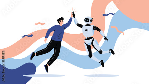 Man and a white robot jump in the air to give each other a high five against an abstract background of flowing colorful lines.