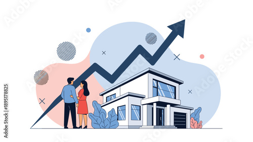 Couple stands together looking at a modern white house while a large black arrow points upwards to indicate market growth.