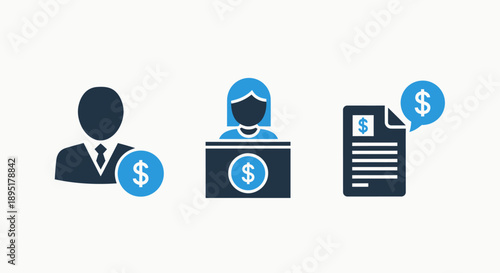 Finance Icons: Dollar Coin, Bank Teller, and Financial Document - Money, Banking, and Transaction Concepts