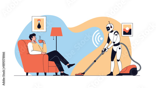 Young man relaxes with a cup of coffee while a humanoid robot efficiently cleans the room using a orange vacuum cleaner.