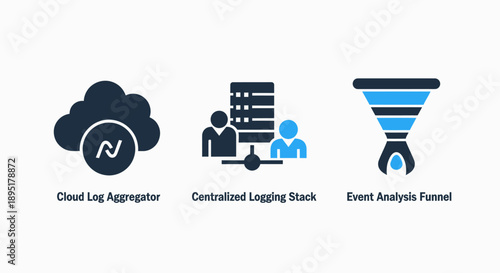 Data & Cloud Icons: Log Aggregator, Centralized Logging Stack, and Event Analysis Funnel - IT Operations and Analytics Concepts