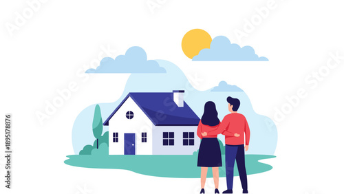 Happy couple with their arms around each other stand in front of a small white house on a sunny day with clouds and trees.