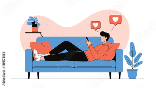 Man lies on a blue couch while browsing his smartphone with floating orange heart speech bubbles showing social interaction.