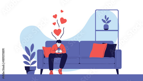 Person sits on a sofa looking at a mobile phone while large red heart icons float above him representing online dating.