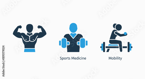 Fitness & Mobility Icons: Bodybuilder, Sports Medicine, and Mobility Exercise - Strength, Health, and Physical Therapy Concepts