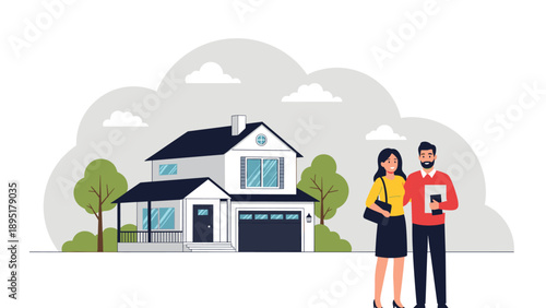 Professional real estate agent stands beside a modern house while holding a folder and greeting a happy young female homeowner client.