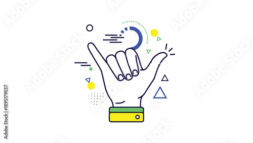 Stylized shaka hand gesture illustration with colorful geometric shapes and loading progress circle representing a positive and chill vibe.