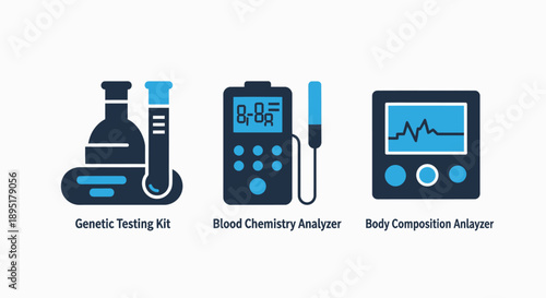 Medical Diagnostics Icons: Genetic Testing, Blood Analysis, and Body Composition