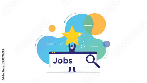 Motivated individual holds a golden star above a digital job search bar to symbolize finding the perfect career opportunity or success.