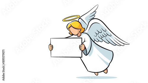 Celestial angel character with white wings and a golden halo holds a blank white rectangular sign for your custom message or announcement text.