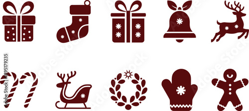 Christmas icons set including gift box stocking bell deer candy cane sled wreath mitten and gingerbread man on white background