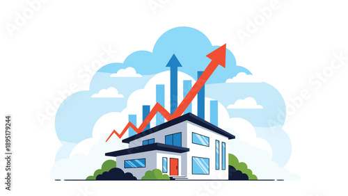 Modern architectural home is showcased with a rising red trend line and blue bar charts symbolizing growth in real estate values.