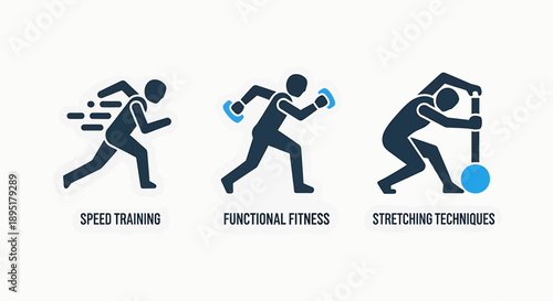 Set of three icons illustrating fitness activities: speed training with motion lines, functional fitness with weights, and stretching techniques with a foam roller.