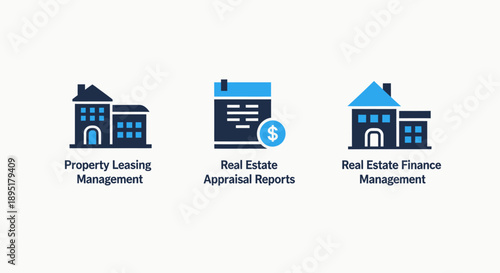 Set of three icons related to real estate management and finance: property leasing, appraisal reports with dollar sign, and real estate finance management.