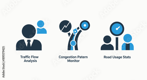 Set of three icons for transportation analysis: traffic flow, congestion pattern monitor with charts, and road usage statistics with a speedometer.