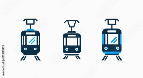 Three stylized icons of trams or streetcars viewed from the front, in navy blue and blue, showcasing different designs for urban public transport.